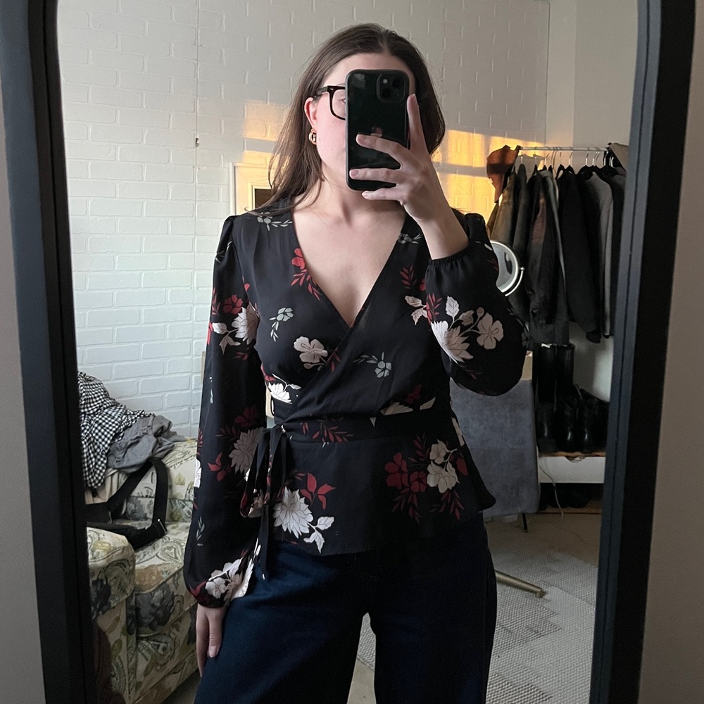 Forever 21 Floral Wrap Top - Black and Red